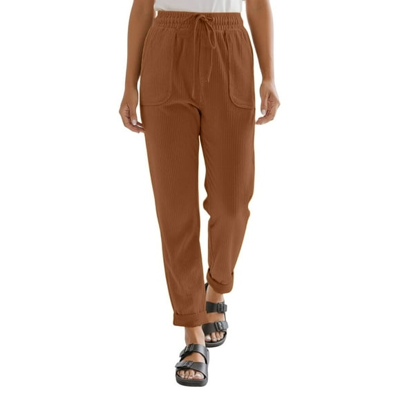 Women's Corduroy High Waist Wide Leg Casual Trousers with Elastic Waistband and Pockets for Everyday Comfort in Soft Textured Fabric Elastic High Waisted Straight Leg Pull On Trousers