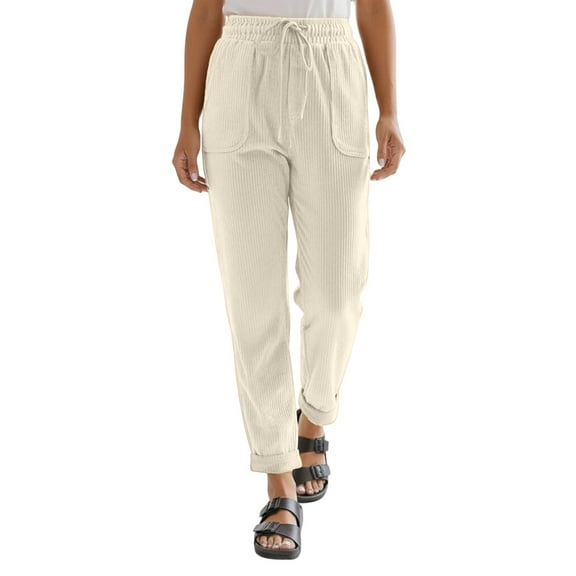 Women's Corduroy High Waist Wide Leg Casual Trousers with Elastic Waistband and Pockets for Everyday Comfort in Soft Textured Fabric Elastic High Waisted Straight Leg Pull On Trousers