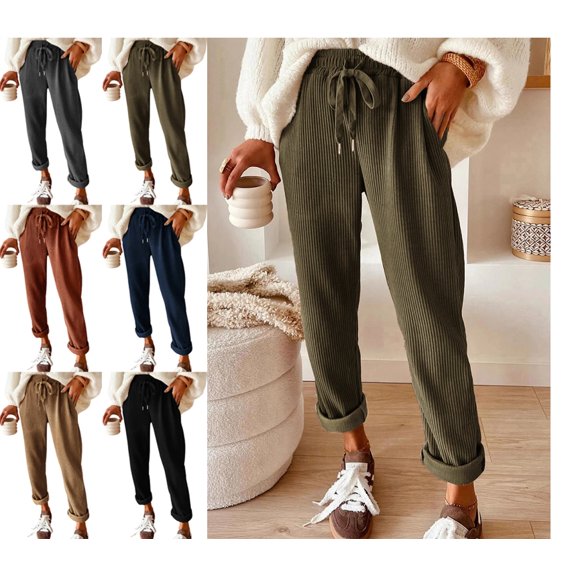 Women's Corduroy High-Waisted Lounge Pants, Drawstring Casual Fall Trousers with Pockets Army Green XXL