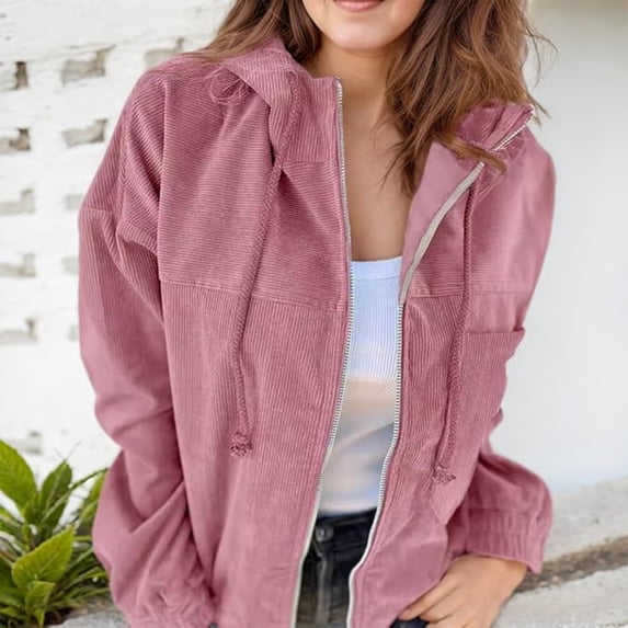 Women's Corduroy Hooded Long Sleeve Jacket Solid Color Loose Comfortable Casual Outerwear Pink M