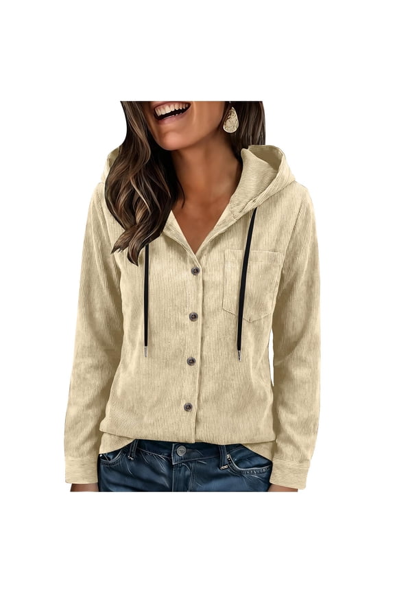 Women's Corduroy Hooded Shacket Button Front Long Sleeve Casual Oversized Jacket with Pockets Beige XXL