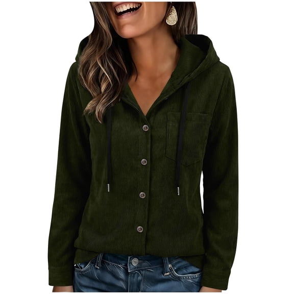 Women's Corduroy Hooded Shacket Button Front Long Sleeve Casual Oversized Jacket with Pockets Olive Green XXL