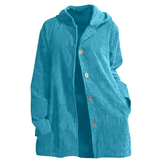 Women's Corduroy Hoodie Jacket with Pockets Loose Casual Button Up Hooded Rib-knit Fall Winter Mid-length Coat (XL, Light Blue)