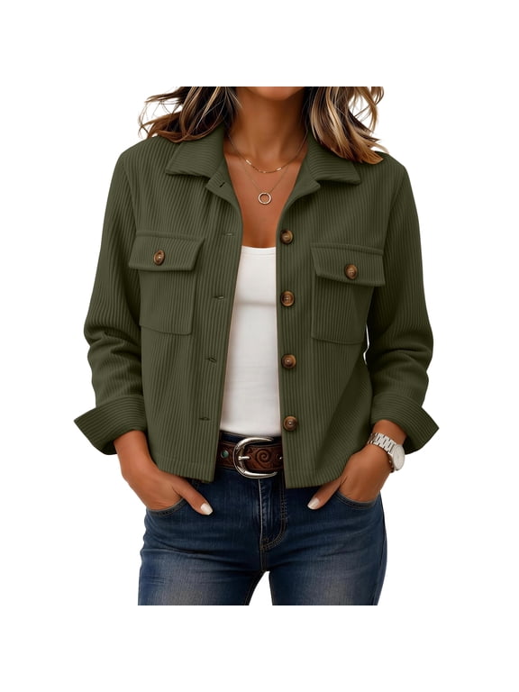 Women's Corduroy Jacket Button Down Long Sleeve Soft Coat Outerwear with Pockets Fall Winter Lapel Neck Coat Western Cropped Jacket Army Green S