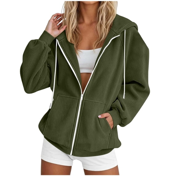Women's Corduroy Jacket Hooded Zip Front with Pockets Oversized Long Sleeve Casual Spring Fall Winter | CSEONE,Army Green L