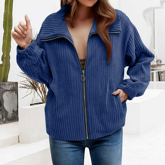 Women's Corduroy Jacket, Solid Color Button Front Closure Loose Fit Casual Shacket with Pockets, Mid-Length Overshirt for Women, Spring Autumn Winter Comfort Wear Dark Blue XXXL