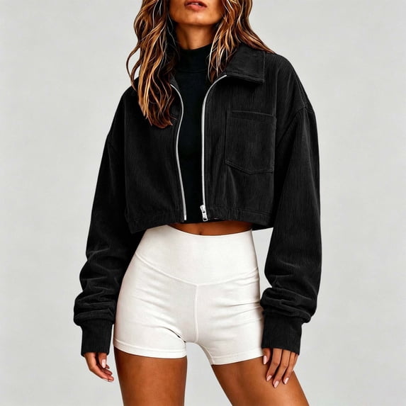 Women's Corduroy Jacket Zip Up Cropped Jacket Solid Color Turn Down Collar Long Ruched Sleeve Chest Pocket Short Outerwear Casual Warm Winter Daily Top