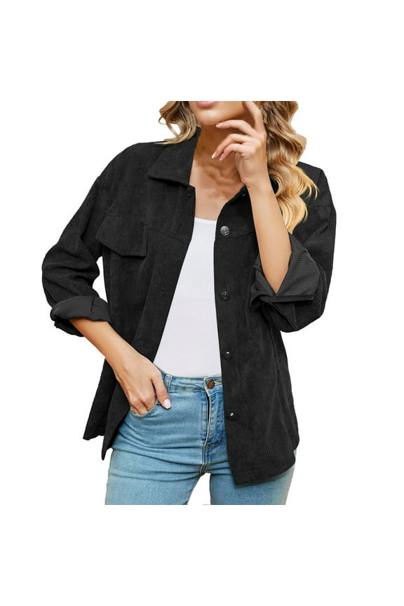 Women's Corduroy Jackets Long Sleeve Button Down Solid Collared Shackets Fashion Fall Trendy Loose Coats with Pockets Black L