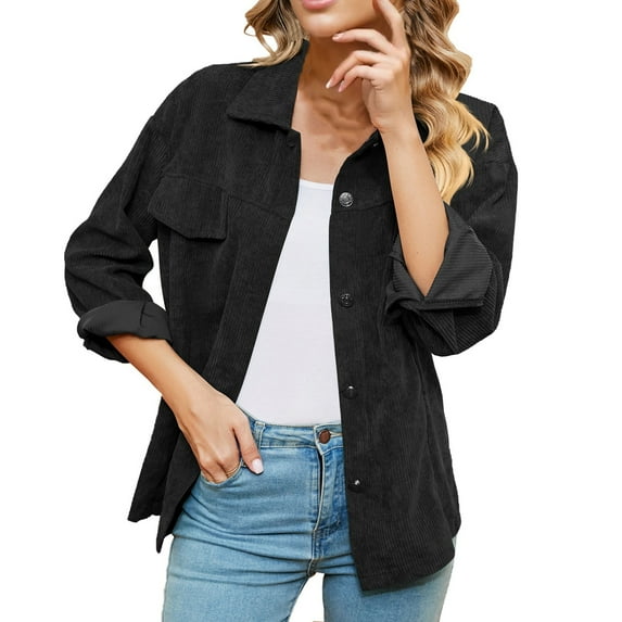 Women's Corduroy Jackets Long Sleeve Button Down Solid Collared Shackets Fashion Fall Trendy Loose Coats with Pockets Black M