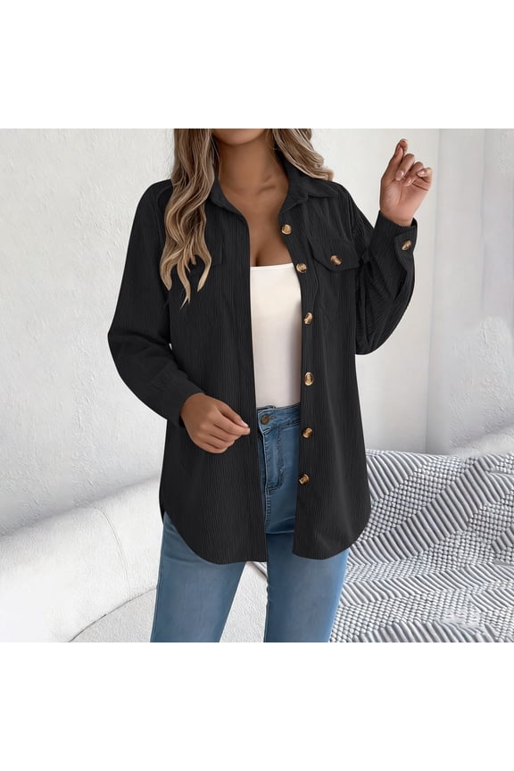 Women's Corduroy Jackets Long Sleeve Coats Button Down Coat (Black M)