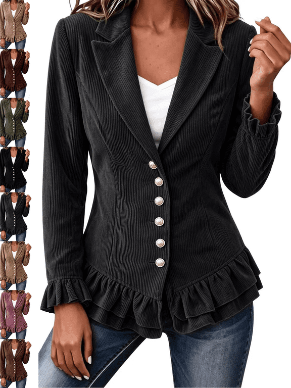 Women's Corduroy Jackets Ruffle Trim Button Down Lapel Jacket with Shoulder Pads Vintage Office Coat for Work and Casual