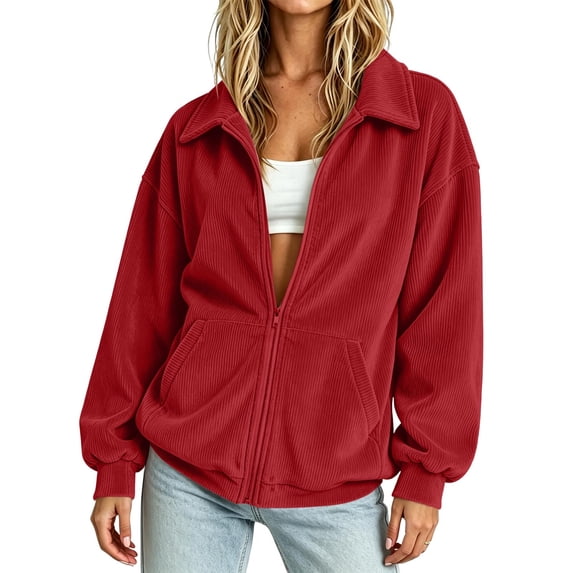 Women's Corduroy Jackets Zip-Up Stand Collar Long Sleeve Coat Fall Casual Oversized Going Out Outerwear Tops With Pockets