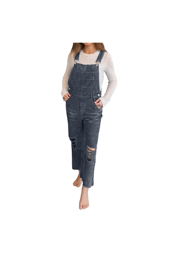 Women's Corduroy Jumpsuit Fashion Fall Winter Ripped Detailing Button Pockets Casual Comfortable Stylish Outfit