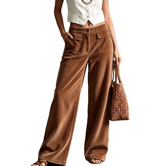 Women's Corduroy Large Pocket Wide Leg Long Trousers Brown (Corduroy) XXXL