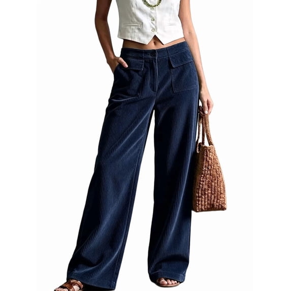 Women's Corduroy Large Pocket Wide Leg Long Trousers Dark Blue XXXL