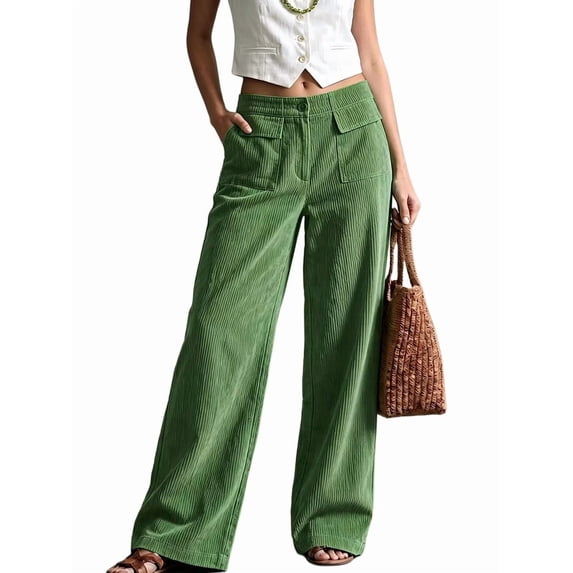 Women's Corduroy Large Pocket Wide Leg Long Trousers Green (Corduroy) L