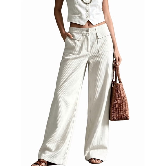 Women's Corduroy Large Pocket Wide Leg Long Trousers White (Corduroy) S