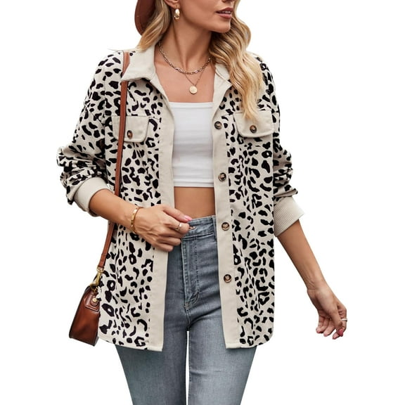 Women's Corduroy Leopard Print Shacket Long Sleeve Button Down Casual Lightweight Fall Jacket Coat