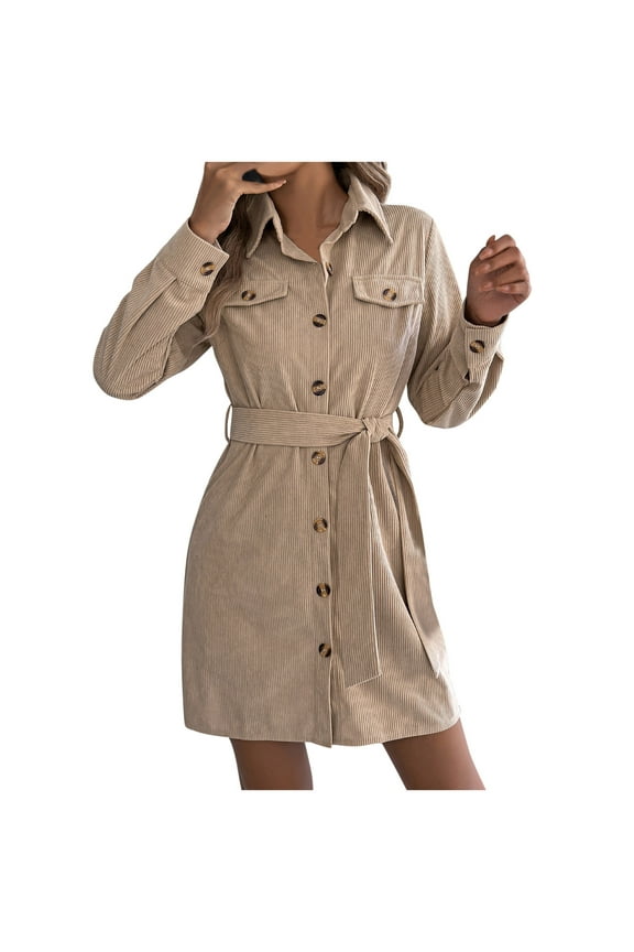 Women's Corduroy Long Sleeve Short Dresses Fall Winter Button Down Work Tunic Dress with Pocket for Dressy Casual