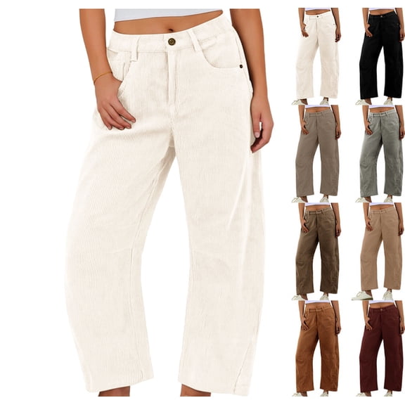 Women's Corduroy Loose Mid Rise Pant Casual Fall Straight Leg Elastic Waist Pants with Pockets White S