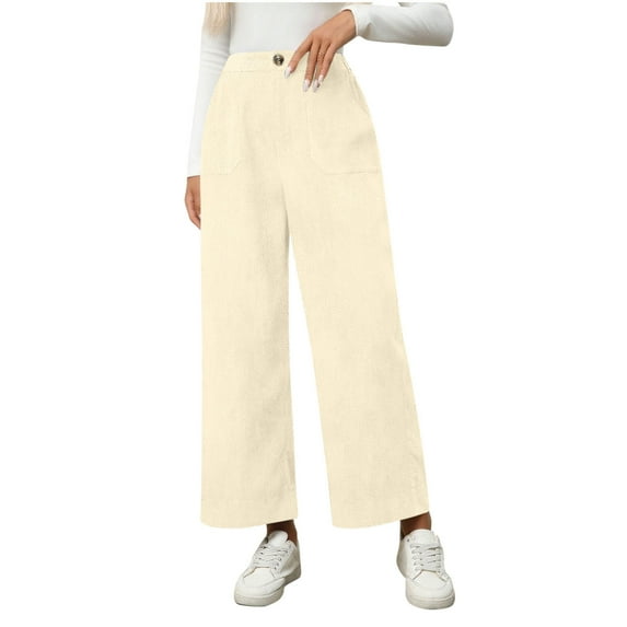 Women's Corduroy Lounge Pants Wide Leg High Waist Button Zipper Solid Casual Loose Fall Winter Trousers with Pockets (S, Beige)