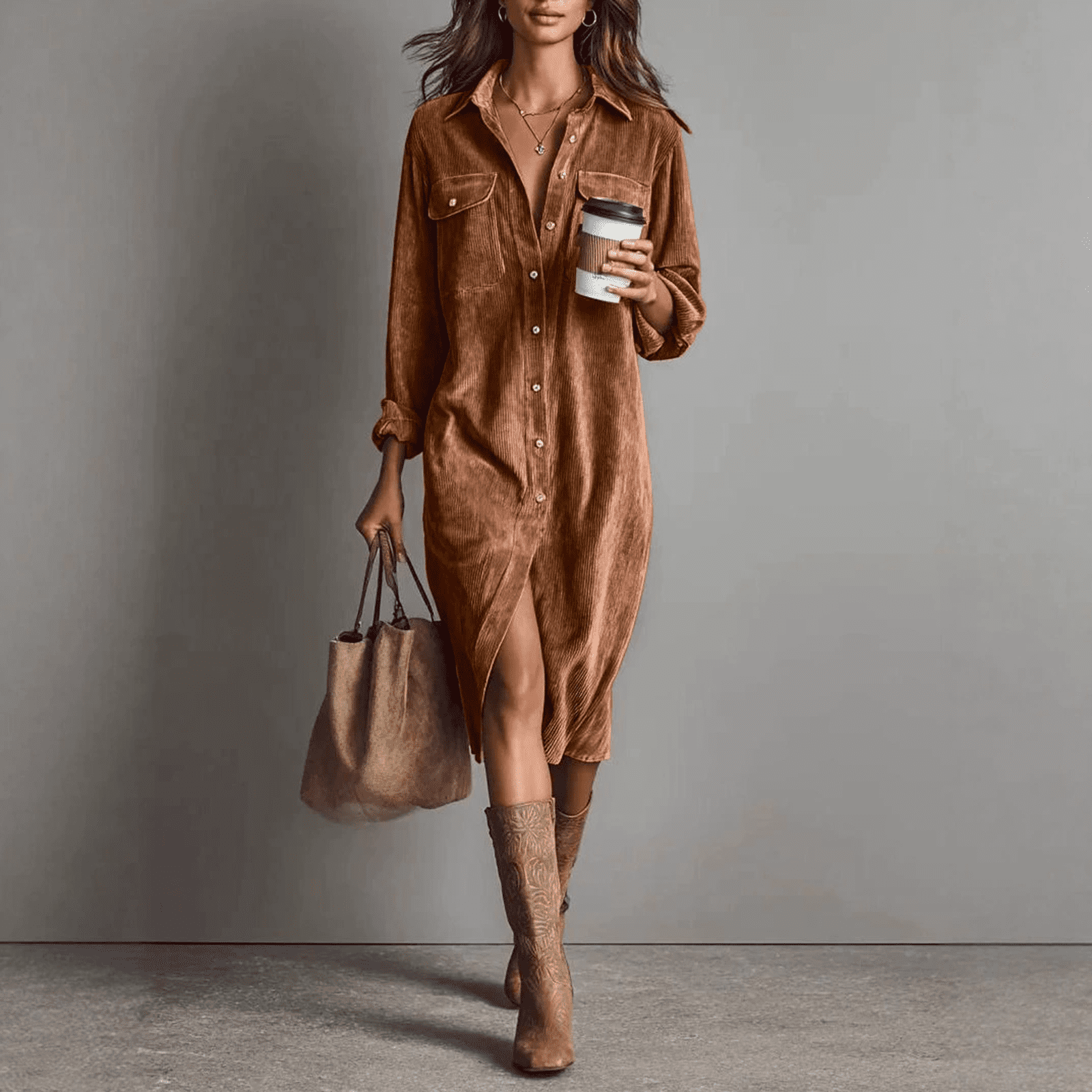 VivifyLab Women's Corduroy Midi Dress Fall Vintage Collared Dress, Long Sleeve Casual Shift Dresses, Size: Medium, Gray