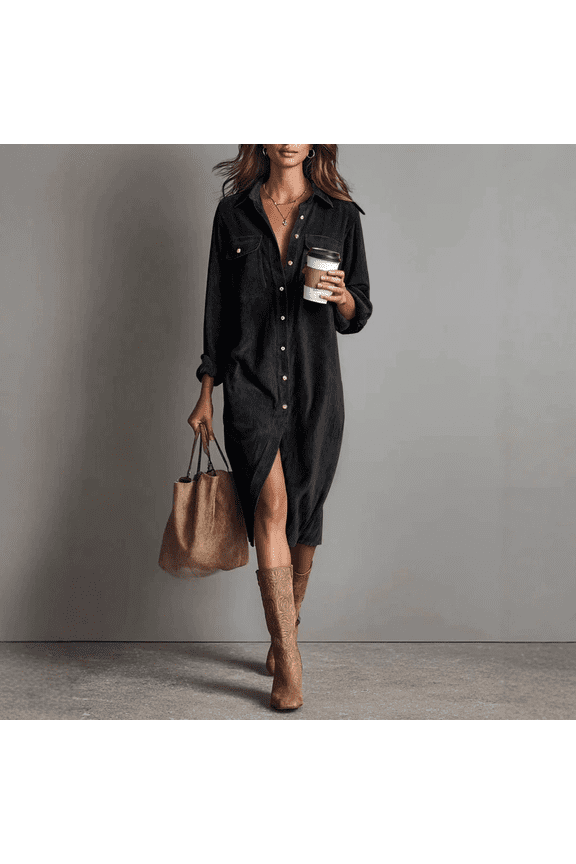 Women's Corduroy Midi Dress Fall Vintage Collared Dress, Long Sleeve Casual Shift Dresses