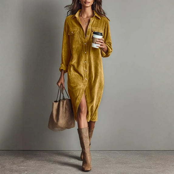 Women's Corduroy Midi Dress Fall Vintage Collared Dress, Long Sleeve Casual Shift Dresses