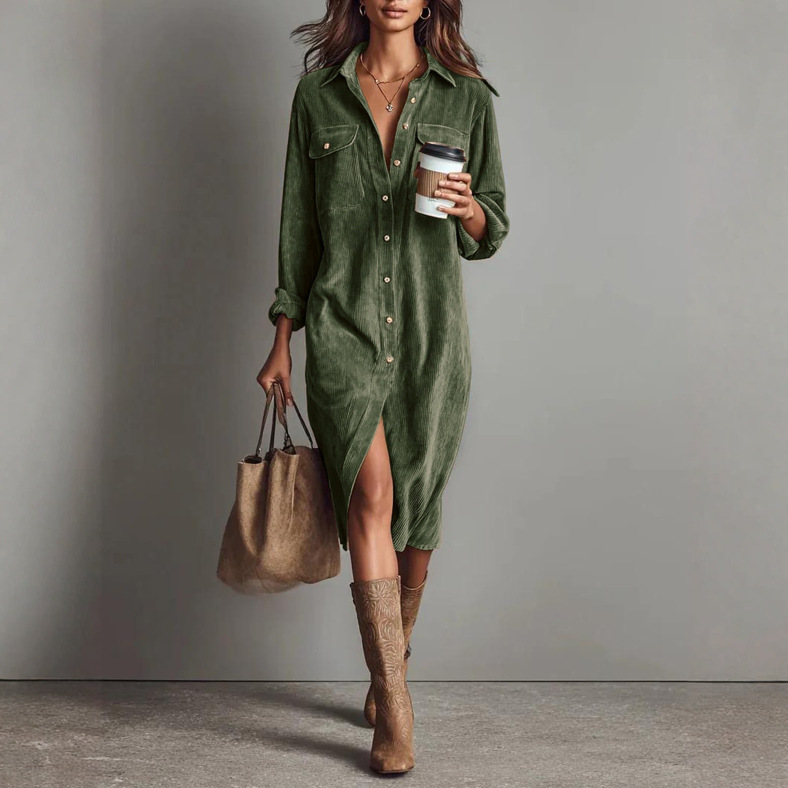 Women's Corduroy Midi Dress Fall Vintage Collared Dress, Long Sleeve Casual  Shift Dresses - Walmart.com