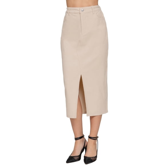 FashionStream Women's Relaxed Fit Long Corduroy Pencil Skirt Off-White