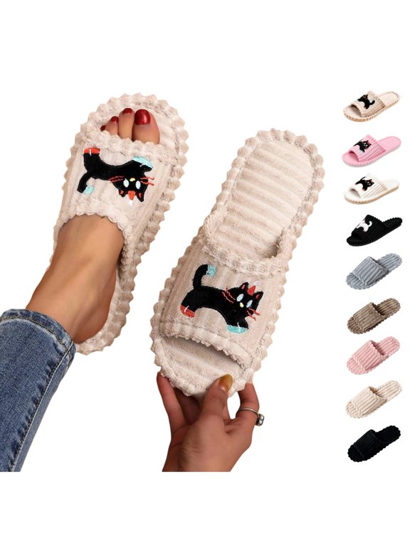 Women's Corduroy Open Toe Slippers - Cozy Plush Lined Indoor House Shoes for Winter, Fall & Home Relaxation (Size 36-42)