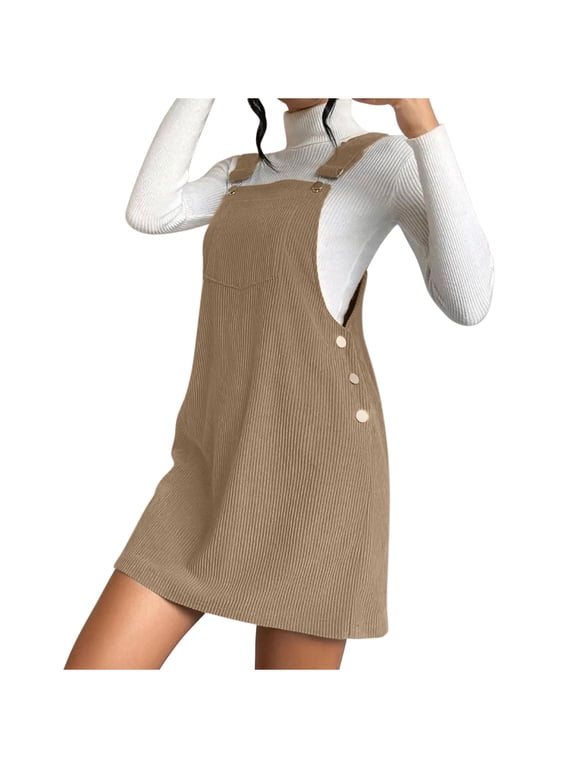 Women's Corduroy Overall Dress Button Pinafore Dresses with Pocket
