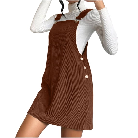 Women's Corduroy Overall Dress Button Pinafore Dresses with Pocket