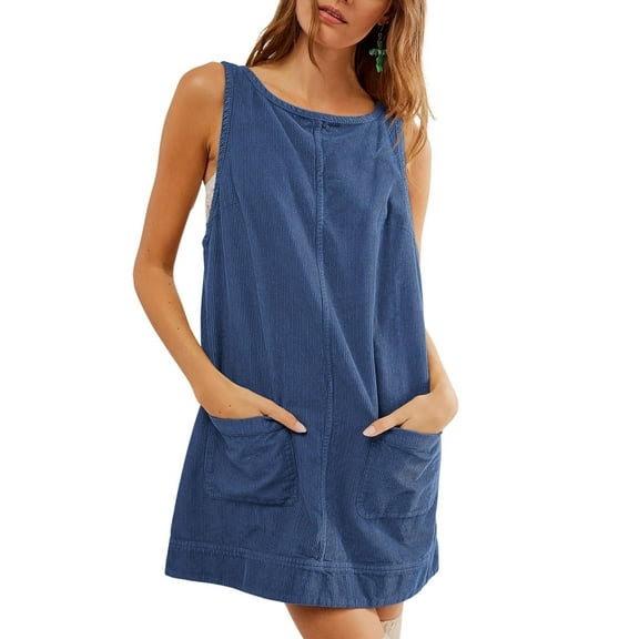 Women's Corduroy Overall Dress Round Neck A Line Skirtall Jumper Mini Dress Pinafore with Pockets