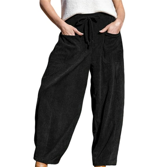 Women's Corduroy Pants Baggy Wide Leg Pants Casual Elastic Waisted Palazzo Harem Pants with Pockets Black S