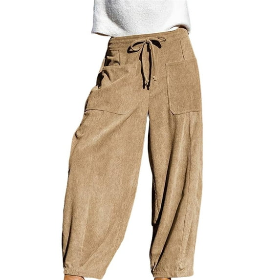 Women's Corduroy Pants Baggy Wide Leg Pants Casual Elastic Waisted Palazzo Harem Pants with Pockets Khaki S