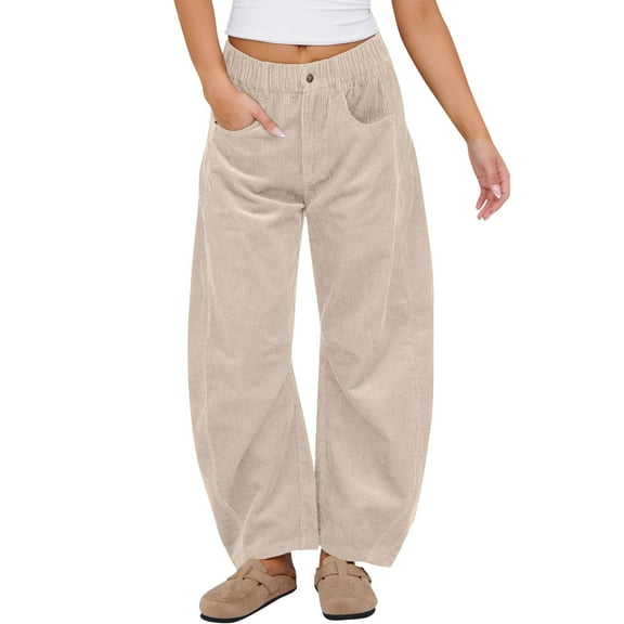 Women's Corduroy Pants Barrel Mid-Rise Elastic Waist Cord Pants Casual Wide Leg Baggy Trouser with Pockets Beige M