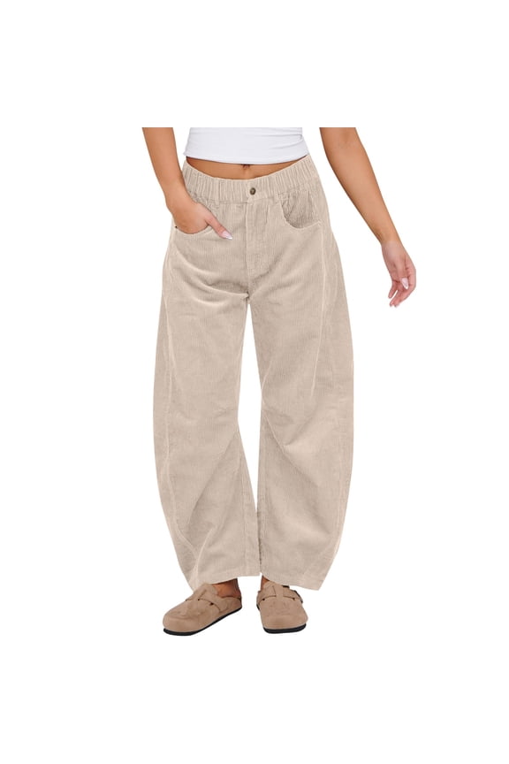 Women's Corduroy Pants Barrel Mid-Rise Elastic Waist Cord Pants Casual Wide Leg Baggy Trouser with Pockets Beige M