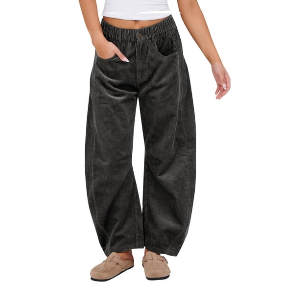 Women's Corduroy Pants Barrel Mid-Rise Elastic Waist Cord Pants Casual Wide Leg Baggy Trouser with Pockets Dark Gray S