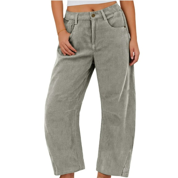 Women's Corduroy Pants Barrel Mid-Rise Elastic Waist Cord Pants Casual Wide Leg Baggy Trouser with Pockets Dark Gray S