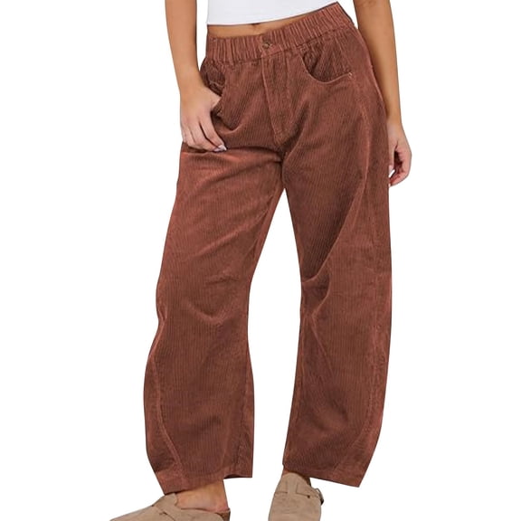 Women's Corduroy Pants Barrel Mid-Rise Elastic Waist Cord Pants Casual Wide Leg Baggy Trouser with Pockets Light Brown S