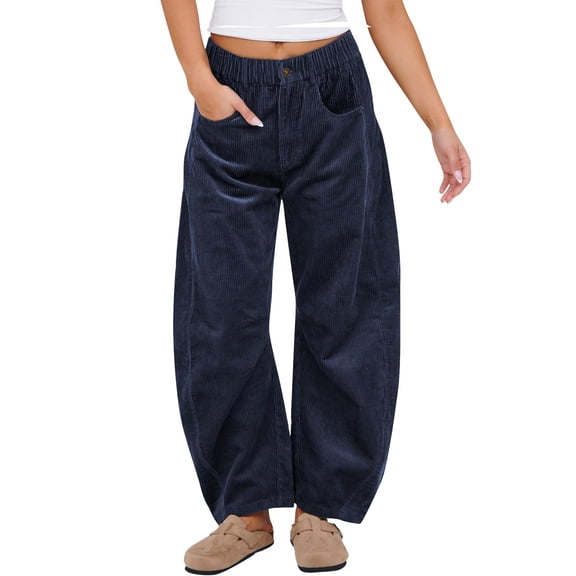 Women's Corduroy Pants Barrel Mid-Rise Elastic Waist Cord Pants Casual Wide Leg Baggy Trouser with Pockets Navy M