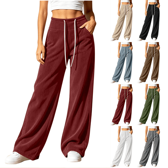 Women's Corduroy Pants Casual Solid Color Fashion High Waisted Wide Leg Trousers Drawstring Elastic Waist with Pockets
