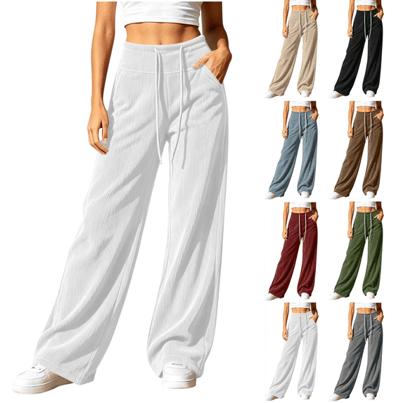 Women's Corduroy Pants Casual Solid Color Fashion High Waisted Wide Leg Trousers Drawstring Elastic Waist with Pockets