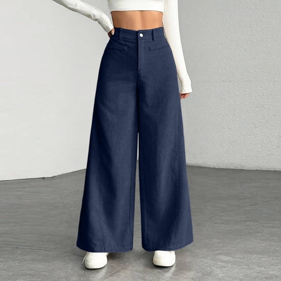 Women's Corduroy Pants High Waist Wide Leg Dressy Business Trousers Loose Causal Palazzo Pants with Pockets, XL