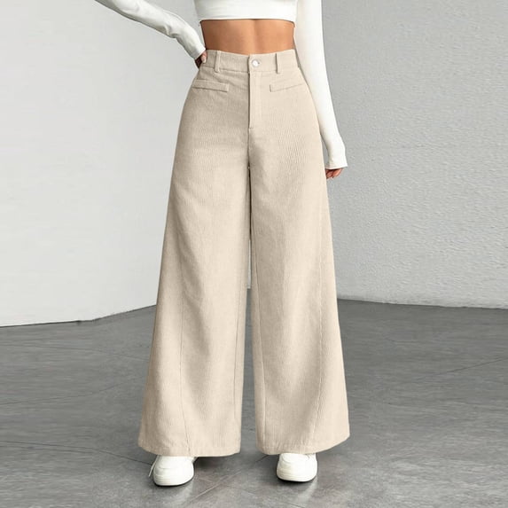 Women's Corduroy Pants High Waist Wide Leg Dressy Business Trousers Loose Causal Palazzo Pants with Pockets, XL