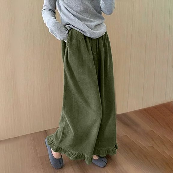 Women's Corduroy Pants, High Waisted Pull On Wide Leg Trousers with Pockets and Ruffle Hem, Soft Cotton Blend Elastic Waist Loose Fit Slacks for Casual Daily Wear Green