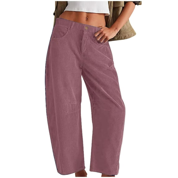 Women's Corduroy Pants Soft Mid-Rise Trousers Baggy Barrel Pants with Pockets Pink XL