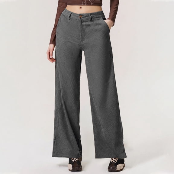 Women's Corduroy Pants with Split Hem, Retro High Waist Wide Leg Trousers, Straight Cut Casual Fall Pants with Angled Pockets for 2025 Trendy Outfits Dark Gray