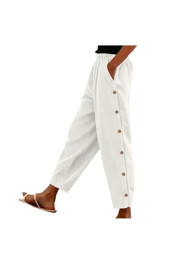 Women's Corduroy Pants Vintage High Split Snap Button Pant Casual Elastic Waist Straight Leg Trouser with Pockets White 2XL